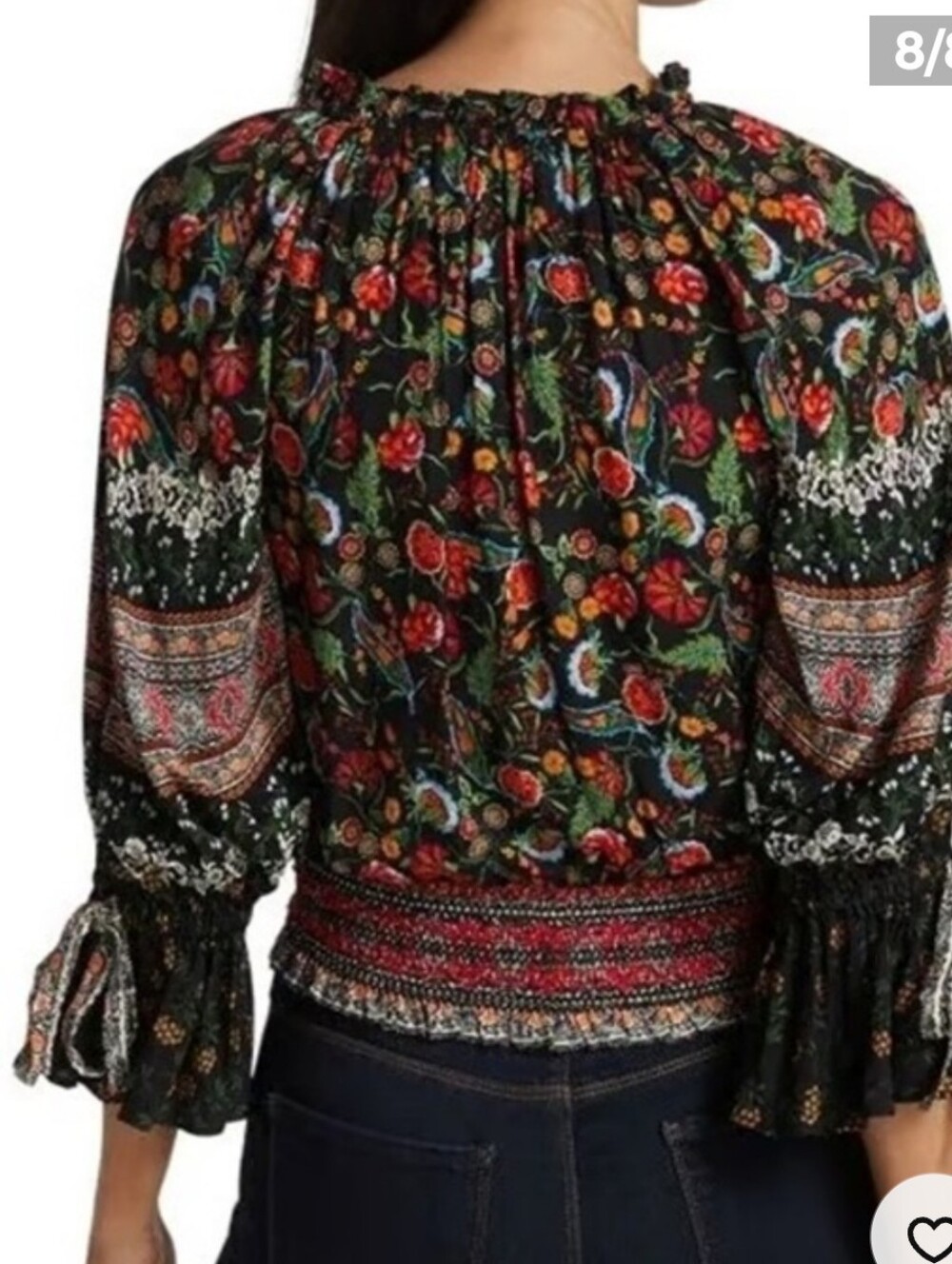 Alice + Olivia Black Floral Smocked Peasant Blouse - Picture 2 of 3